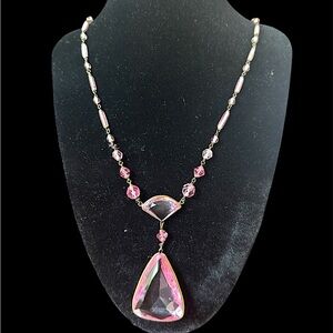 Art Deco Czech Opera Length Rose Pink Bohemian Glass Lavaliere Necklace 24.5”